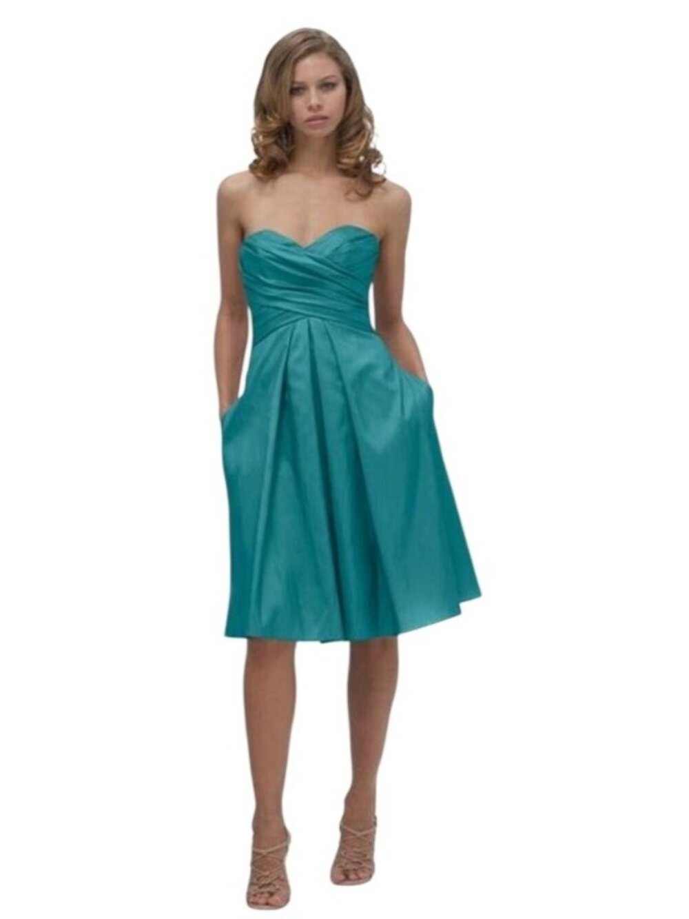 Ann Taylor Dress Size 16 Strapless Teal Blue Pleated Satin Banded Waist
